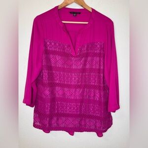 Zac & Rachel Pink Blouse with Mandarin Collar Long Sleeves Embroidery